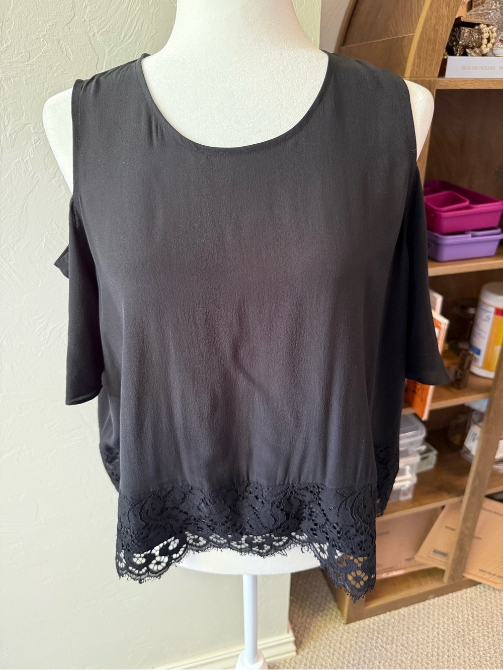 Madewell 100% Silk Black Cold Shoulder Lace Hem Blouse L